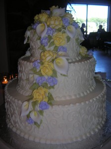 5 Spring Calla Lilies and Purple and Yellow Flowers with White Scroll