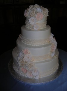6 Spring Pastel Roses with Ivory and White Scroll