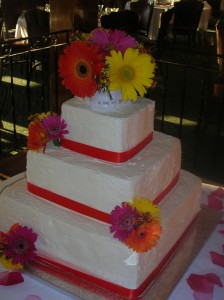 5 Fall Bright Gerbera Daisy Red Ribbon